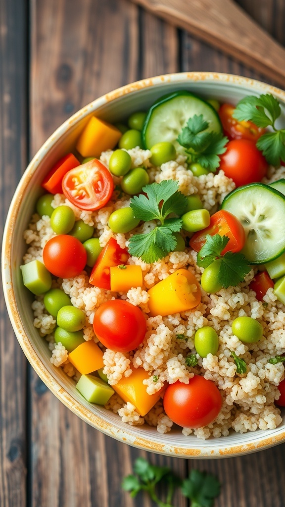 A healthy quinoa bowl with edamame, cucumber, bell peppers, and cherry tomatoes, garnished with cilantro on a rustic table.